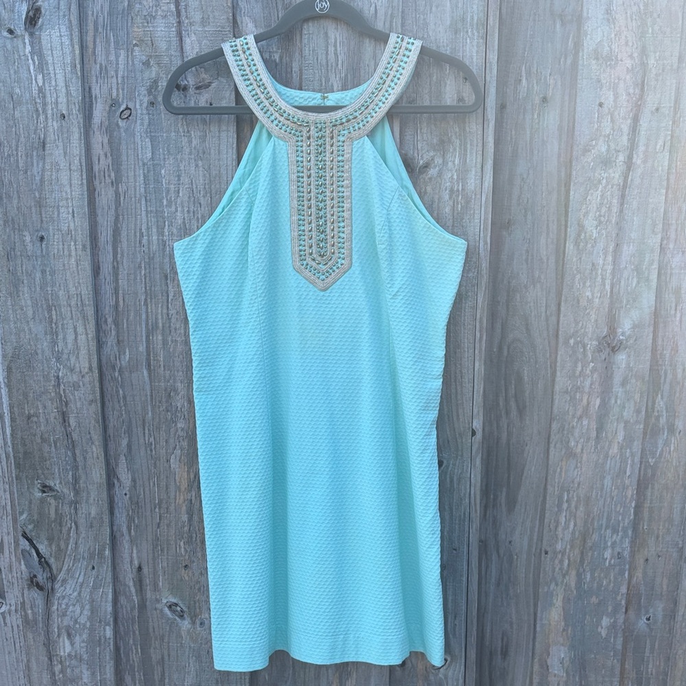 Lilly Pulitzer Turquoise Halter Dress with Embellished Neckline